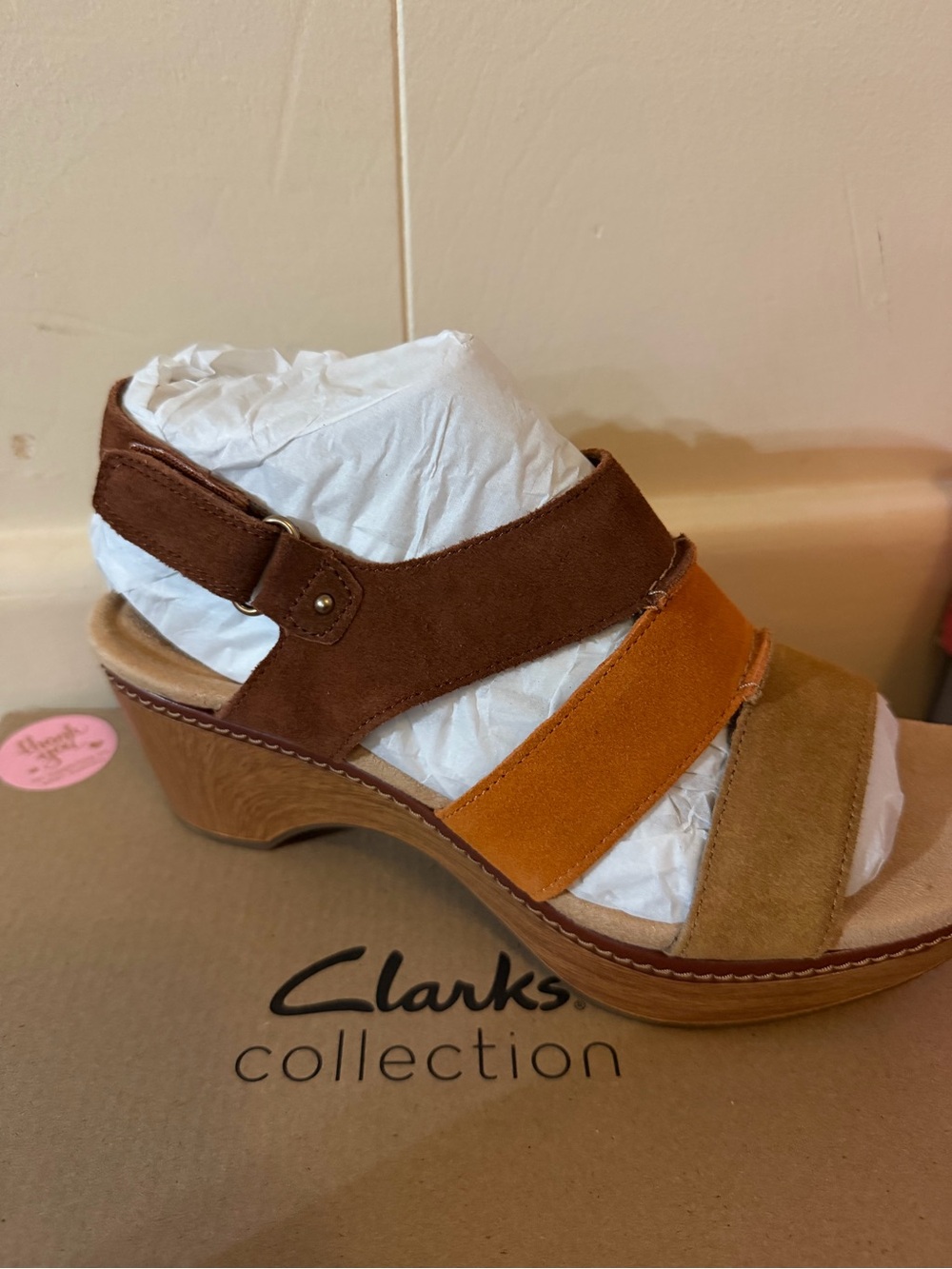 Clarks Women’s Suede Tri-Strip Wedge Sandal in Brown, Mustard & Tan